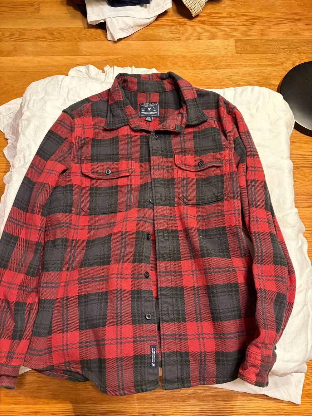 American Eagle Outfitters Red and Black Plaid Button-Down Shirt